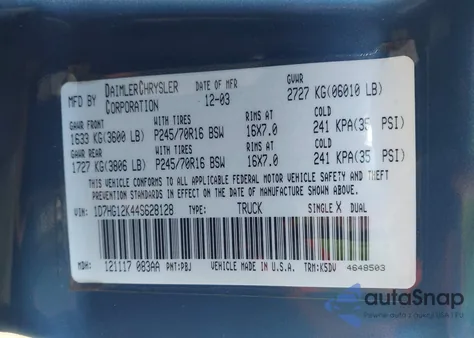 2004 Dodge Dakota z USA, uszkodzony, nr VIN 1D7HG12K44S628128